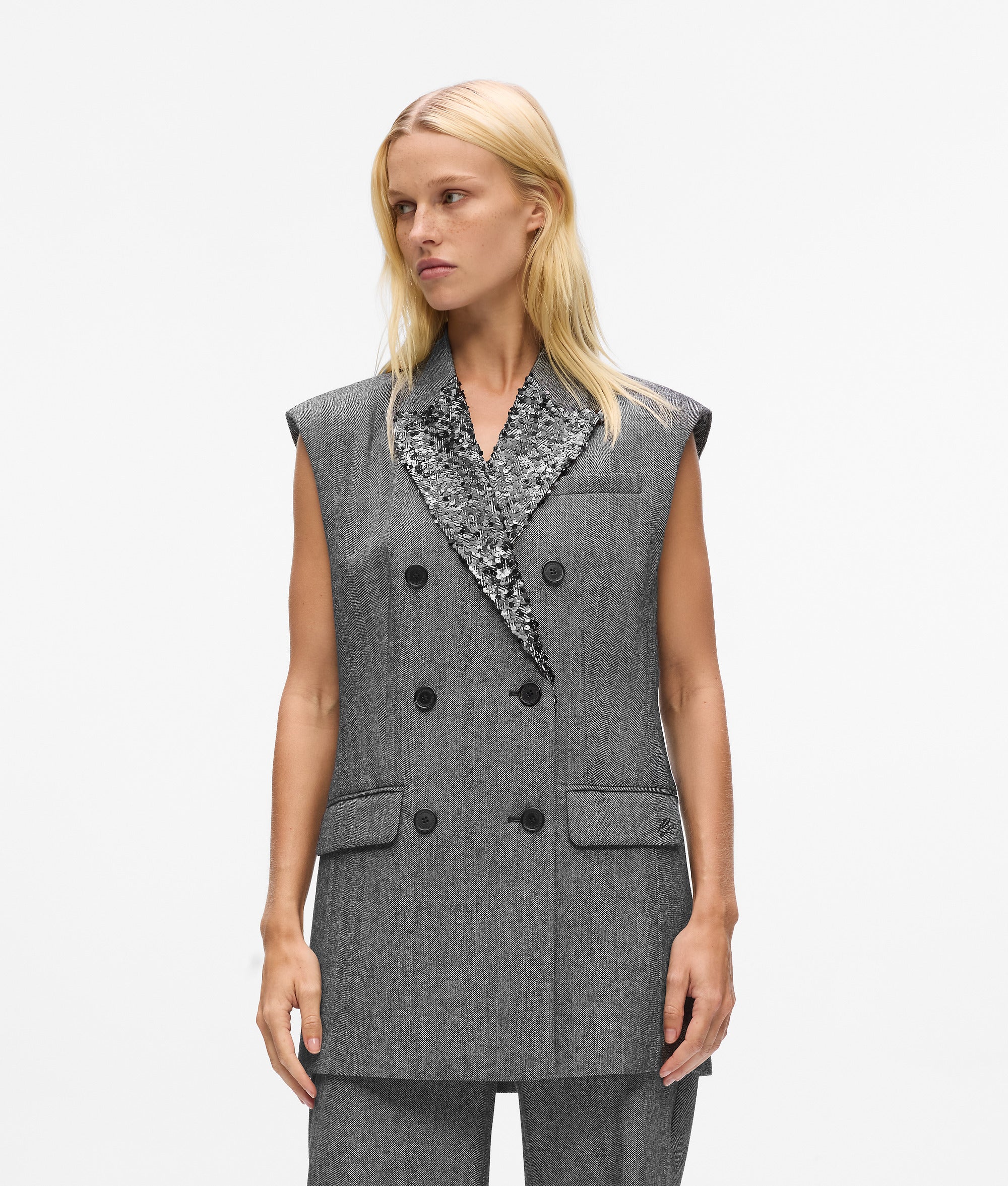Sequin lapel tweed gilet