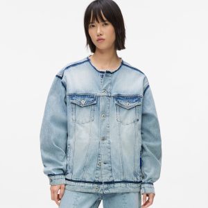 Collarless denim jacket